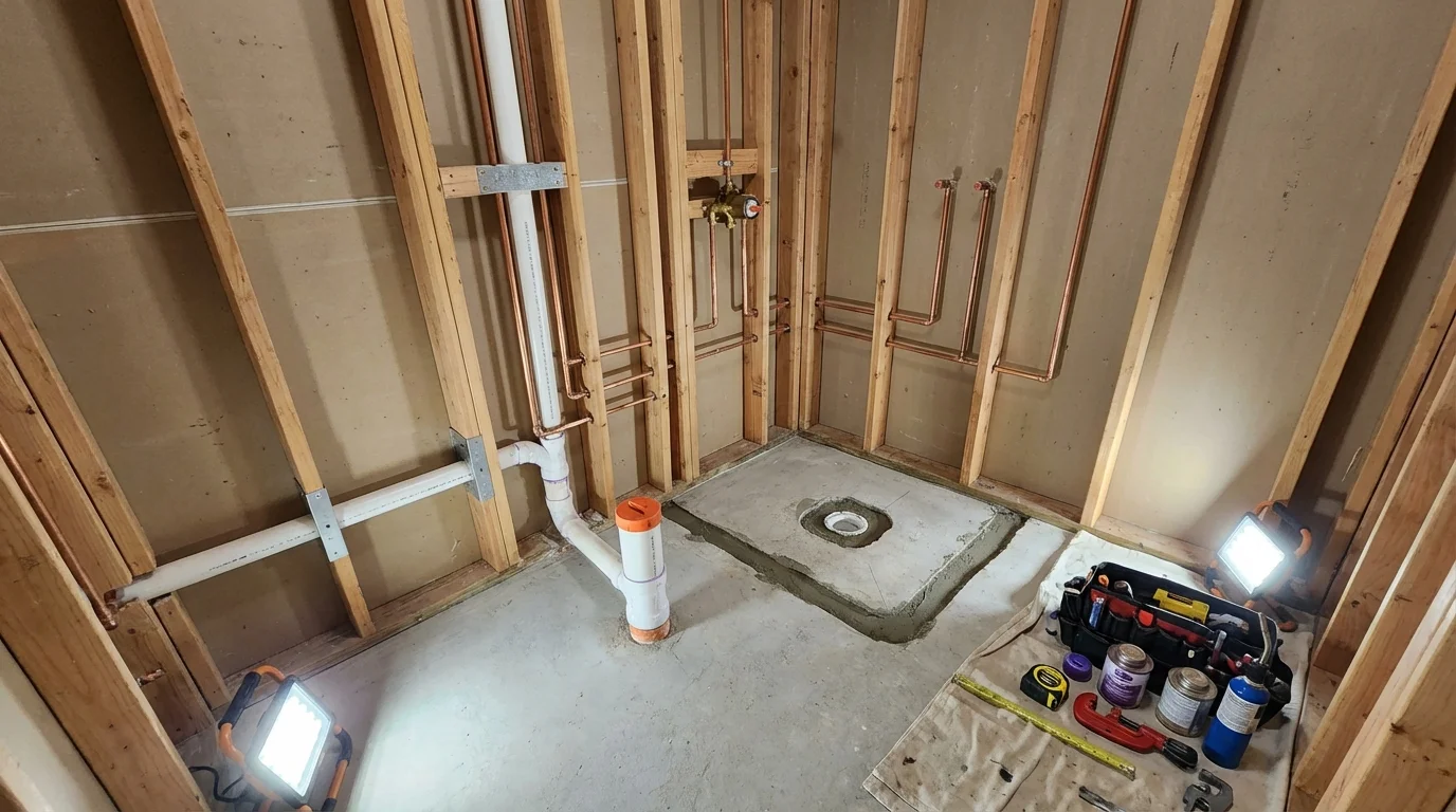 Bathroom rough-in plumbing during remodel by Johns Plumbing LLC in Tillamook