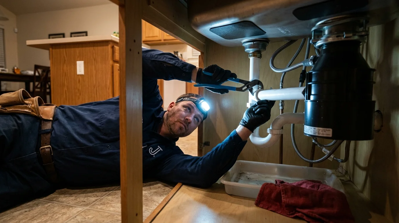 P-trap and supply line connections under a kitchen sink showing a common leak point in Tillamook, OR